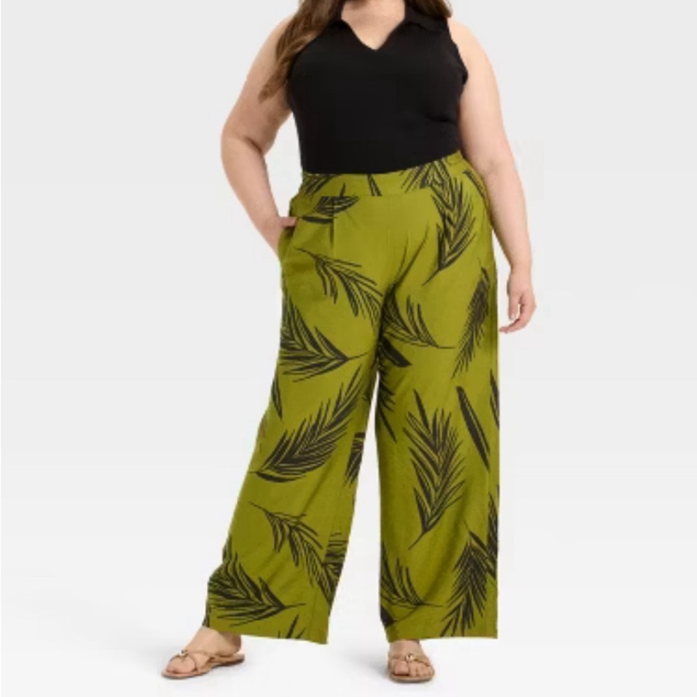 A New Day High Rise Leaf Print Wide-Leg Pants - Green 1x
